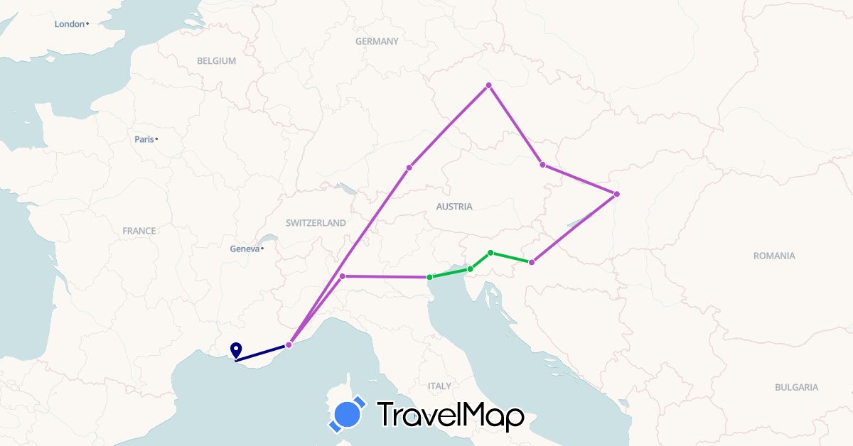 TravelMap itinerary: driving, bus, train in Austria, Czech Republic, Germany, France, Croatia, Hungary, Italy, Slovenia (Europe)